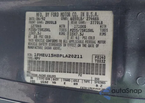 1993 Ford Bronco U100 from USA, damaged, VIN 1FMEU15H8PLA20211